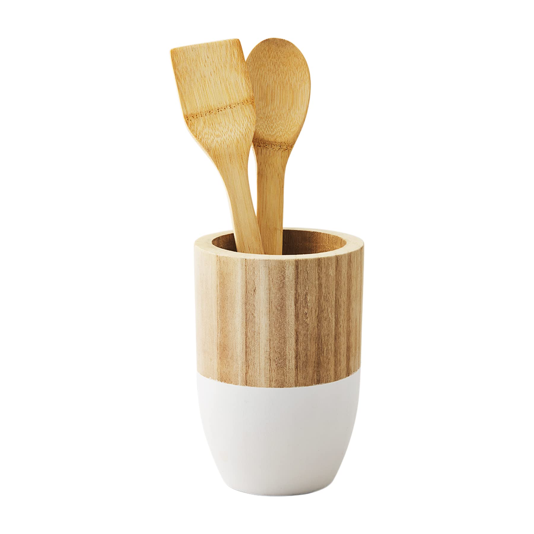 Mud Pie Paulownia Wood Utensil Holder And Utensil Set, Colorblock, Holder 7.5'' X 5.25'' Dia | Utensil 12''