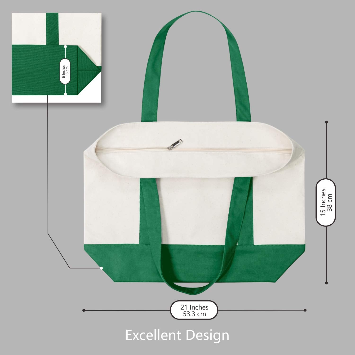 Topdesign Stylish Canvas Tote Bag With An External Pocket, Top Zipper Closure, Daily Essentials (Green/Natural)