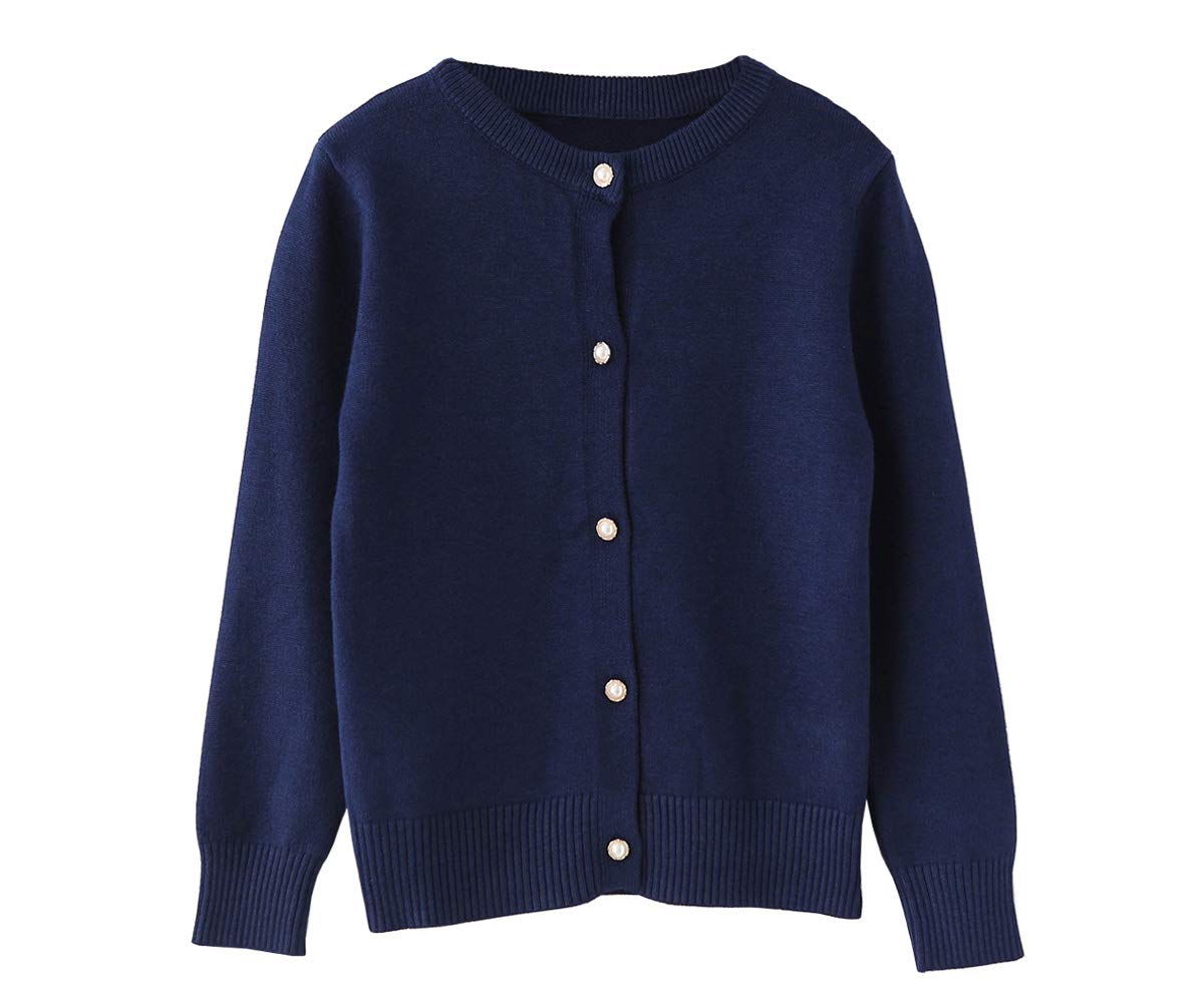 Smiling Pinker Little Girls Crewneck Cardigans Button Knitted Uniform Sweaters Solid Long Sleeves(7-8 Years,Navy Blue)