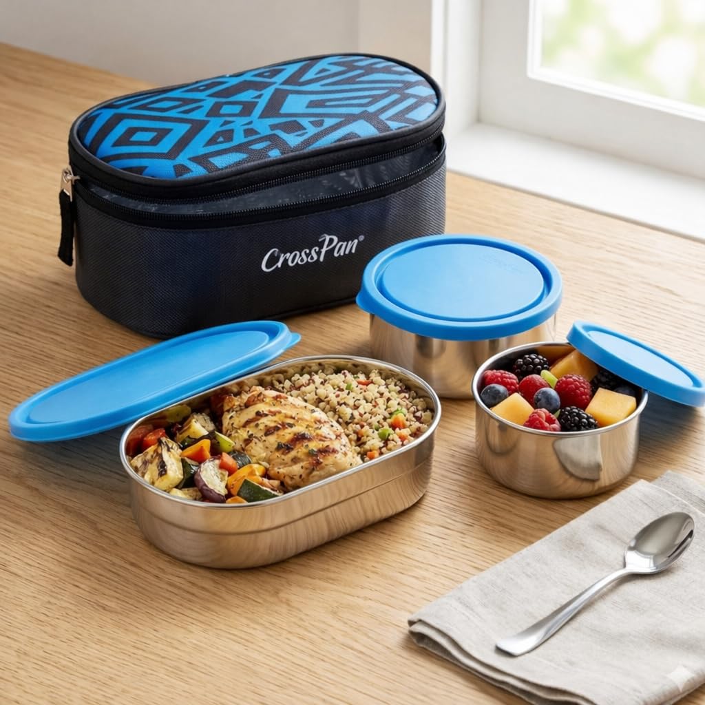 Xtend Cp3 Steel Stainless Steel Lunch Box Set With Insulated Carry Bag, 600Ml + 280Ml Containers, Leak Resistant Lids, Office & 