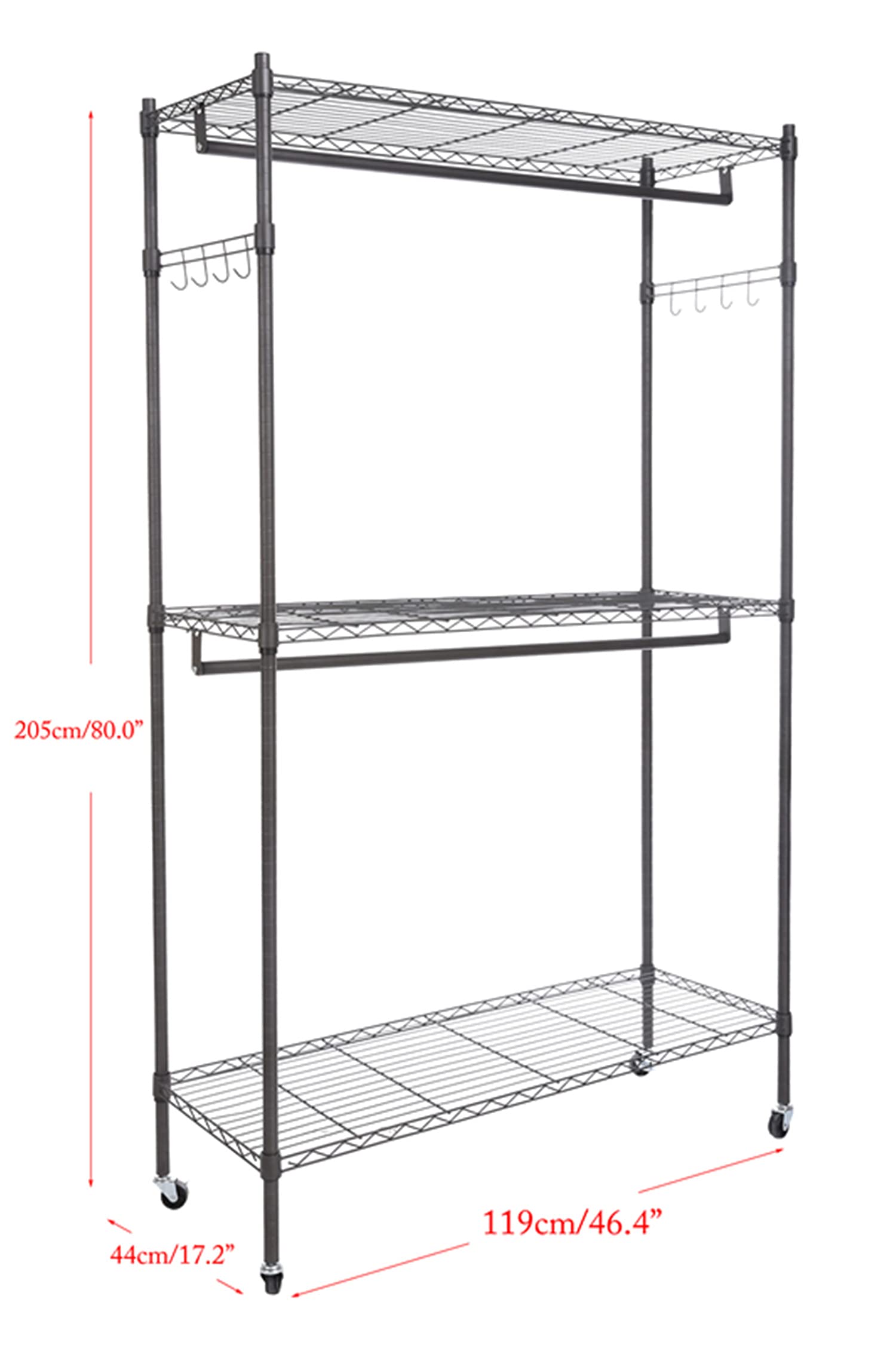 Homdox Garment Rolling Rack Clothing Rack With Double Clothes Rods And Lockable Wheels+1 Pair Side Hooks,Gray