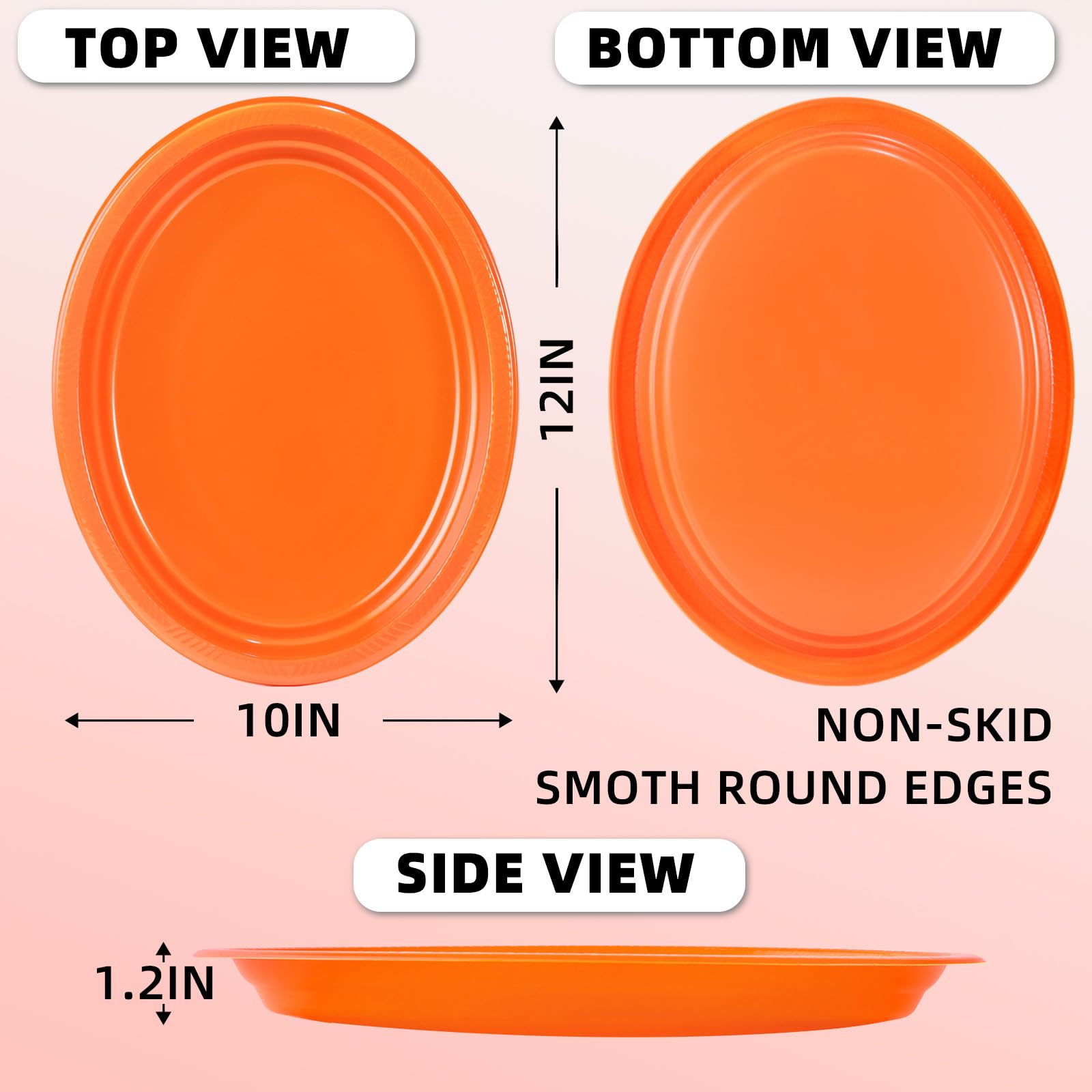 Bonsiny 50 Count Orange Plastic Plates Disposable 10'' X 12'' - Oval Plastic Dinner Plates For Birthday Wedding Picnic Valentine