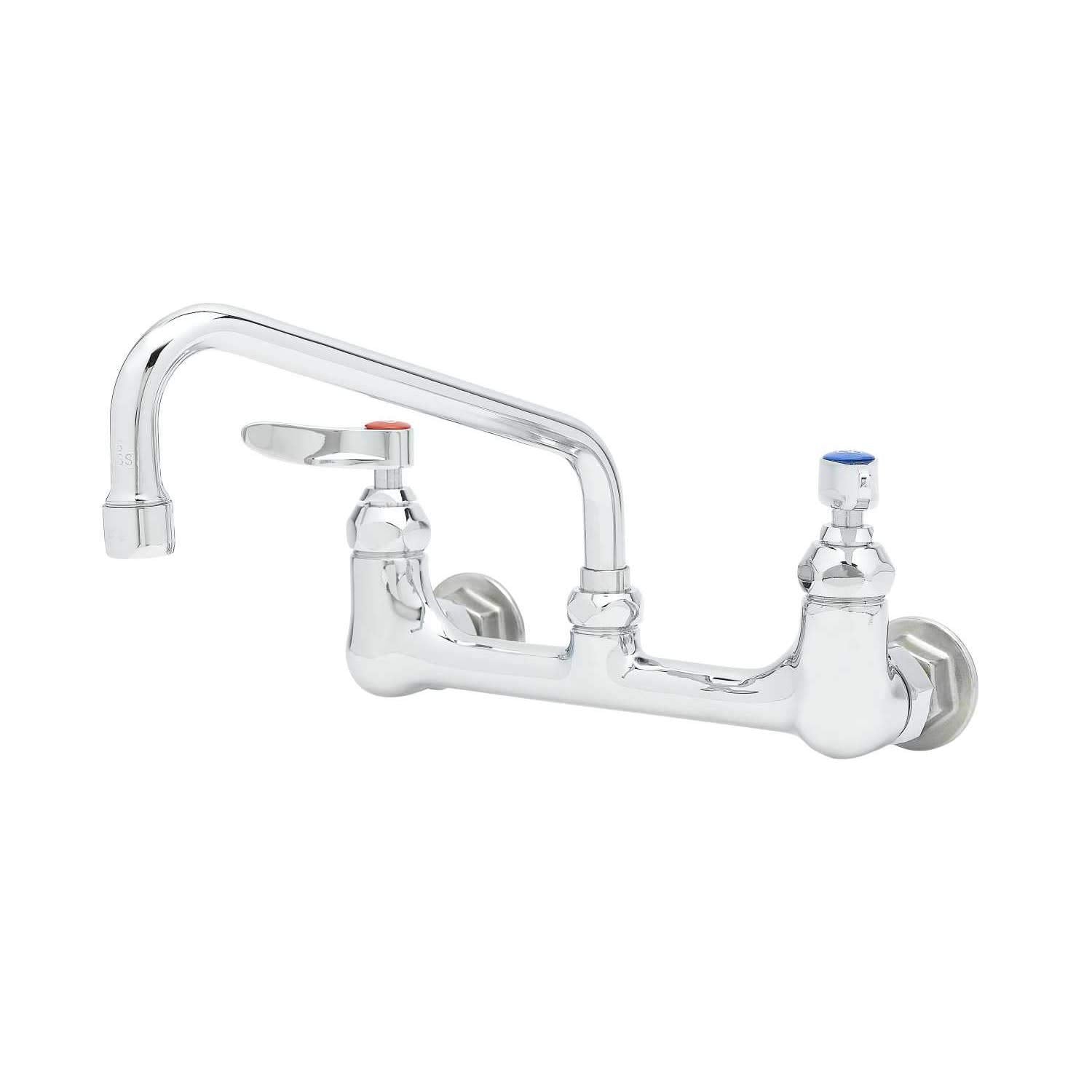 T&S Brass B-2414 Double Pantry Faucet, Wall Mount, 8'' Centers, 8'' Swing Nozzle, Eternas With Lever Handles