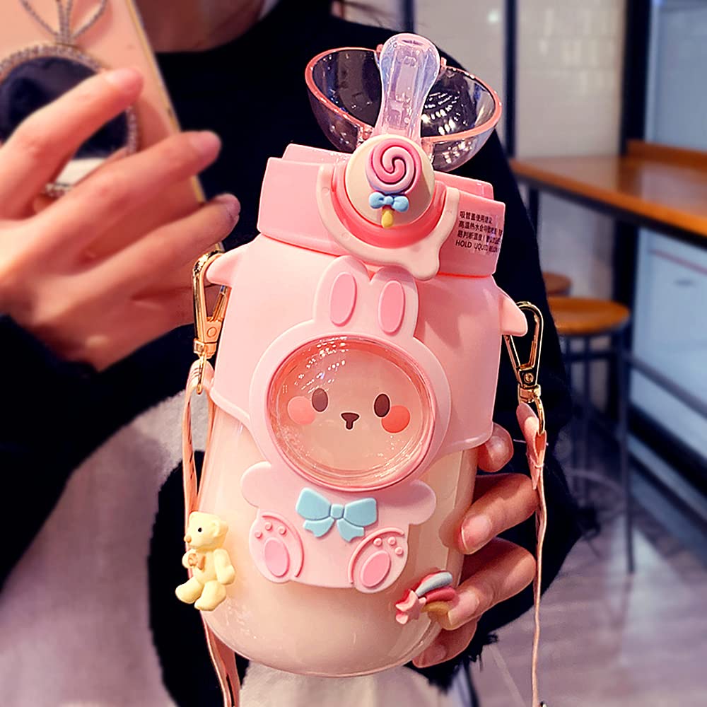 GMKD Kawaii Water Bottle Cute Water Bottles with Straw, Kawaii Bear Water Bottle with Adjustable Strap and Stickers  for School