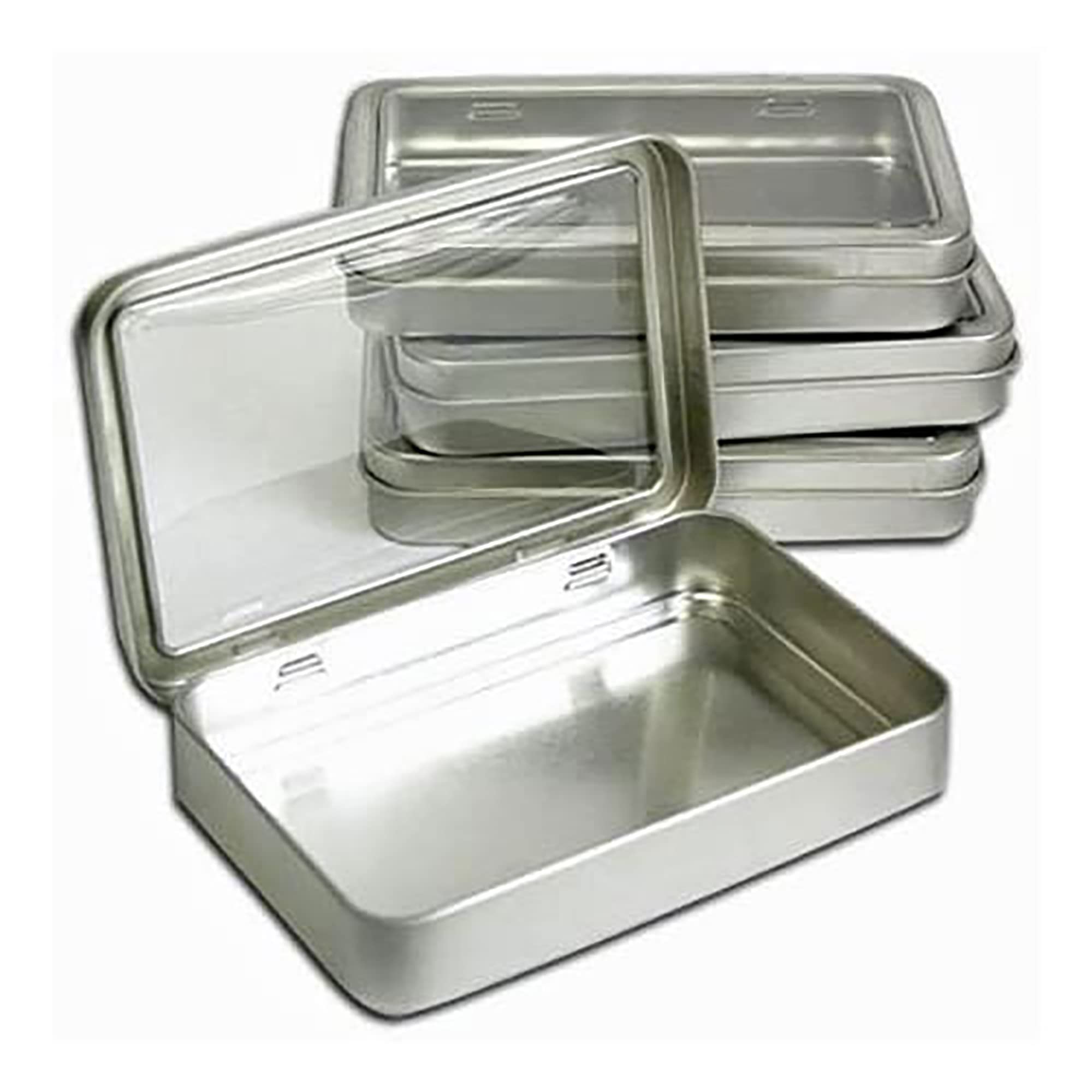 Clear Top Metal Tin Box 7Oz Plain Silver Hinged Blank Storage Case, Crafts, Survival Kit Tins 5.5''X3.5'' (4X)