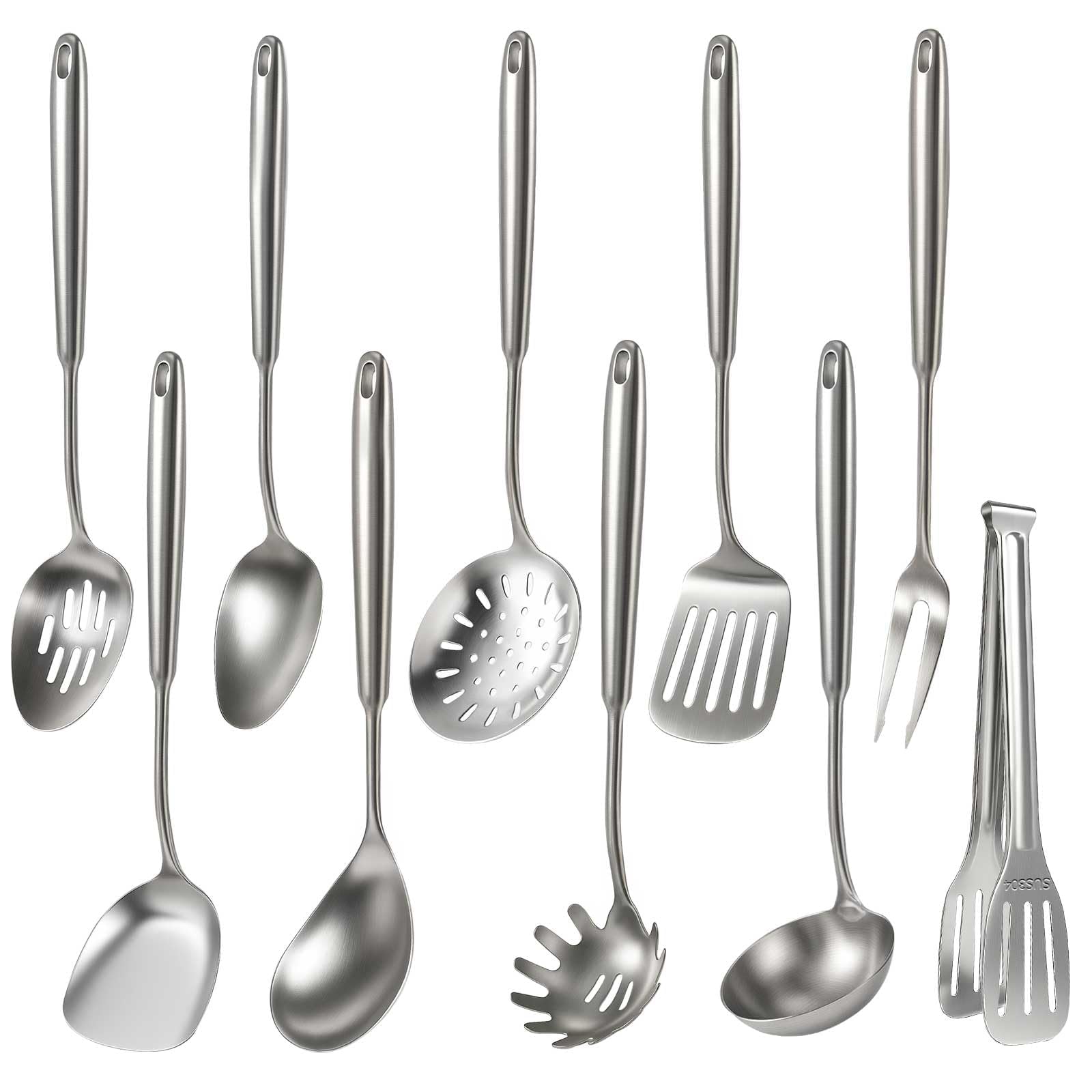 Newness 10 Pcs Cooking Utensils Set,18/8 304 Stainless Steel Kitchen Utensils Set, Metal Kitchen Accessories, Include Soup Ladle