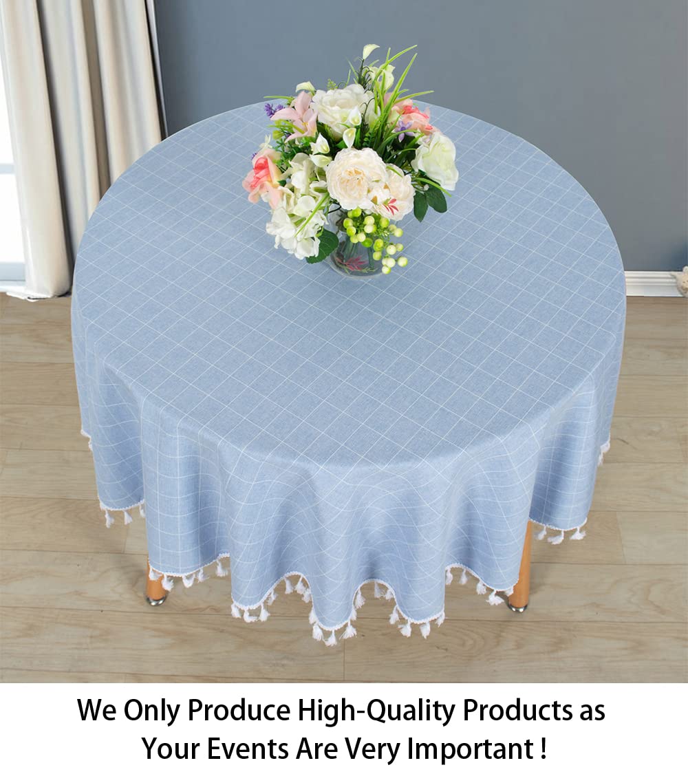 Shinybeauty Round Tablecloth Cotton Linen Tablecloth Sky Blue Lattice Tablecloth Dust-Proof Tabletop Plaid Check Tablecloth Wrin