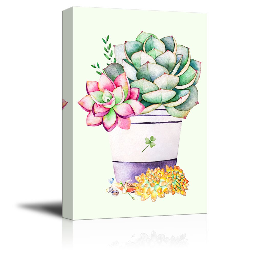 Wall26 Canvas Wall Art Succulent Plants Series - Watercolor Style Colorful Plants In A Pot - Giclee Print Gallery Wrap Modern Ho