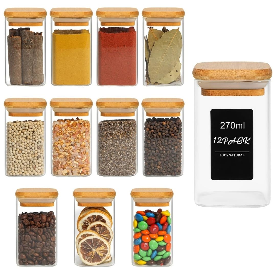 SILIVO Spice Jars with Airtight Bamboo Lid [Square, Pack Of 12, 270ml]  Glass Spice Bottles, Seasoning Jars and Containers for 