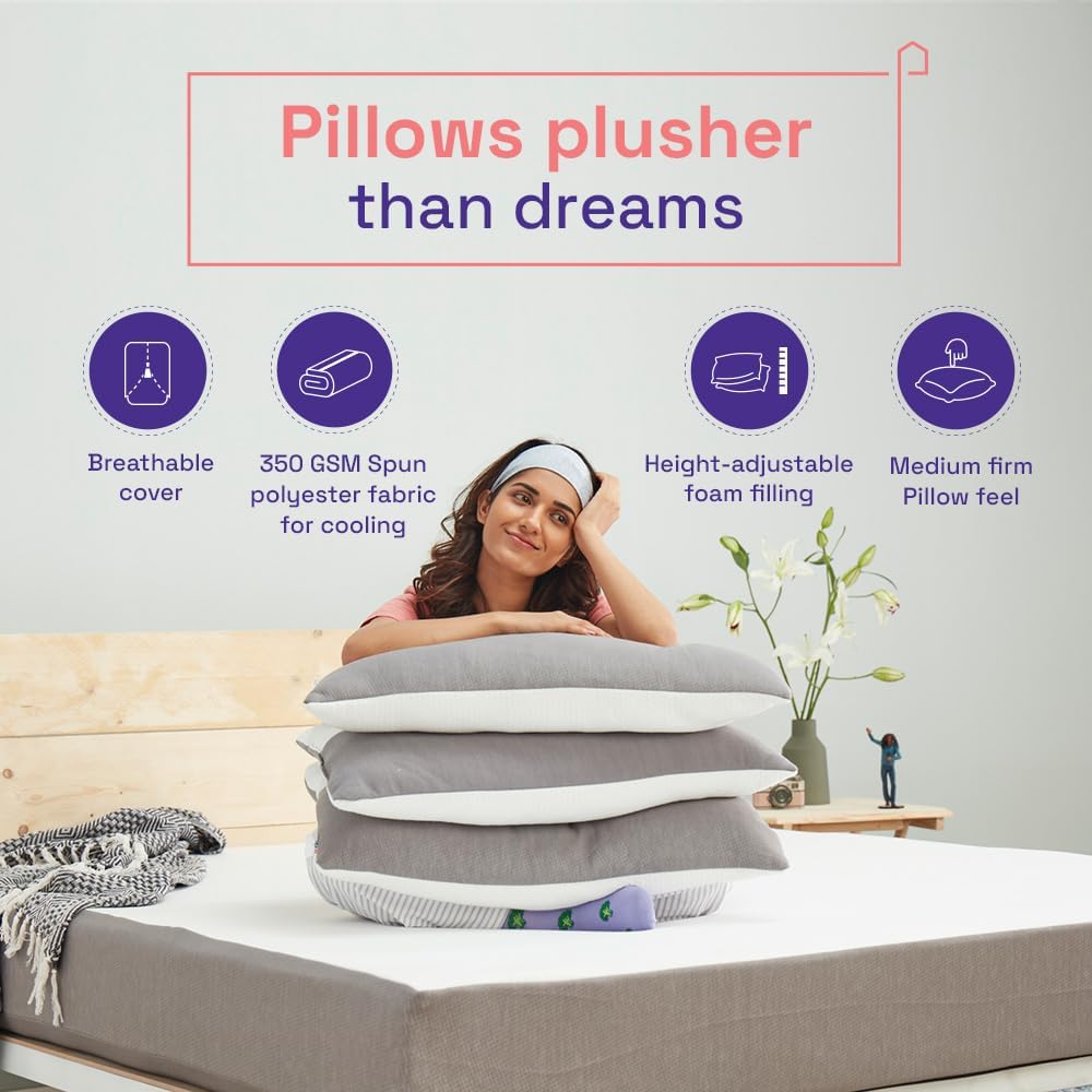 Wakefit Height Adjustable Hollow Fibre Sleeping Pillow with Zip | Set of 4 (White and Grey, 36 X 20 Inch) 3 Months Warranty - Ho