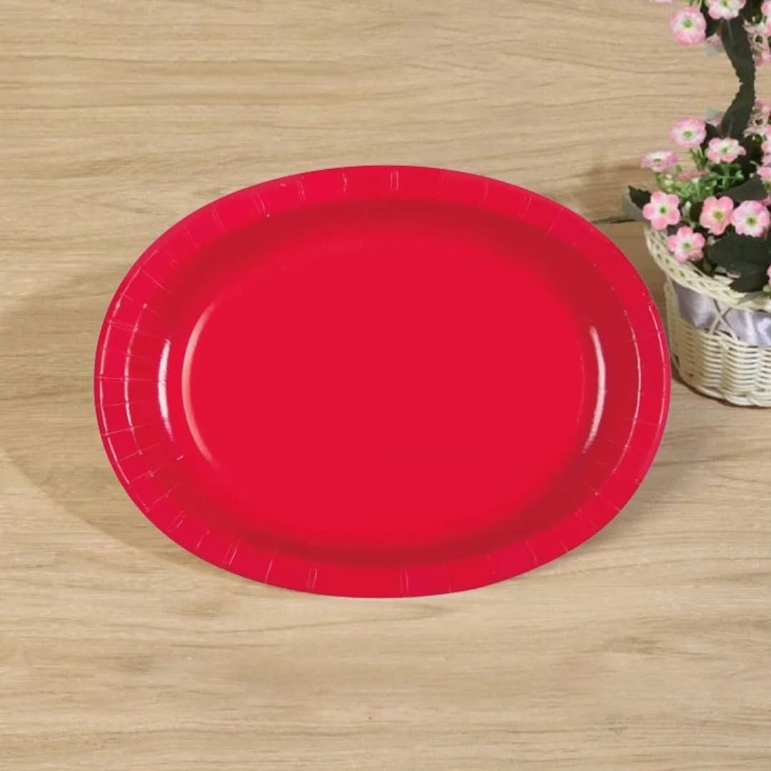 Unique Party Ruby Red Oval Plates - Pack of 8 - 12" Durable Tableware for Holidays and Events