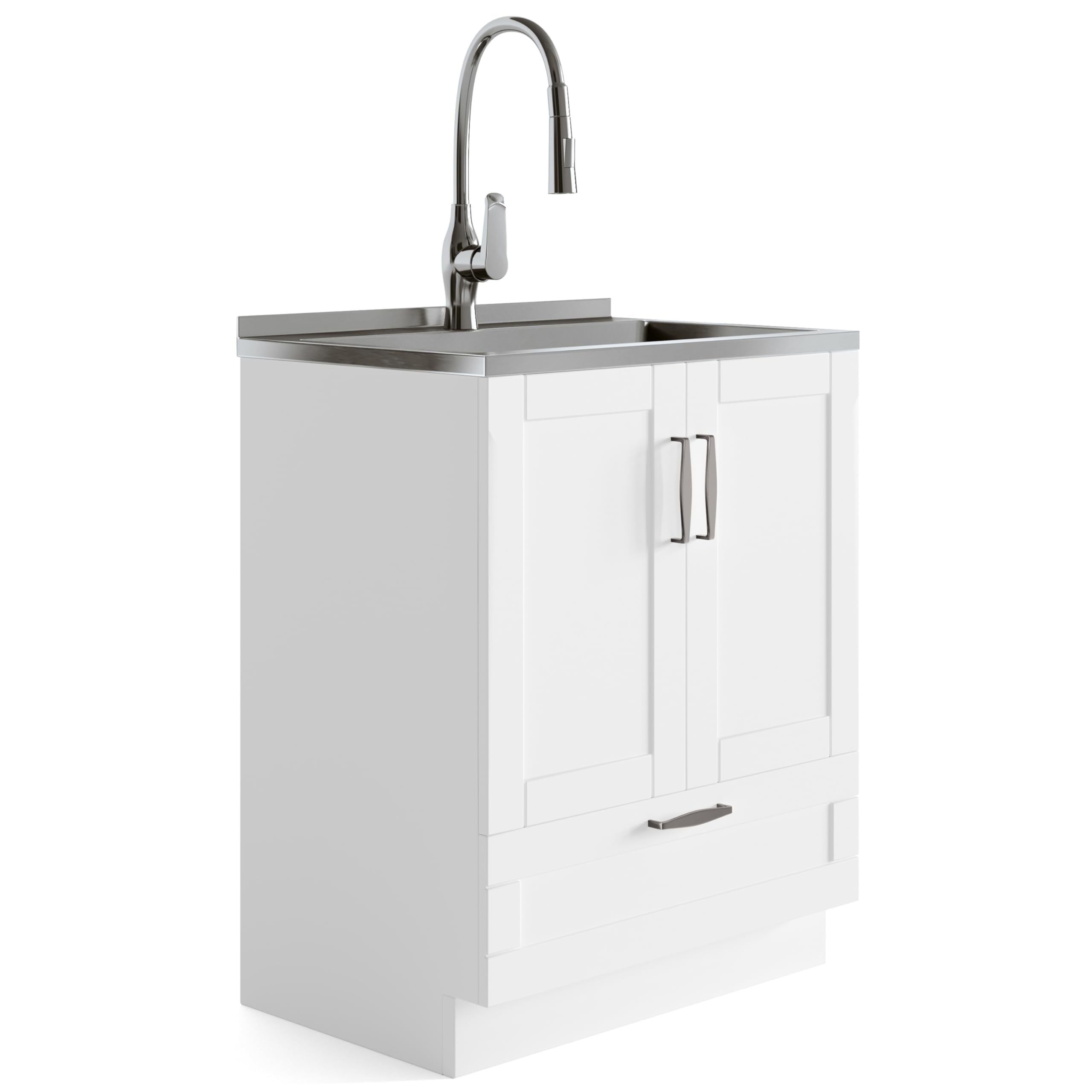 SIMPLIHOME Reed All-in-One 28 inch Wide Utility Sink and Laundry Cabinet in Pure White Finish, Transitional Stainless Steel Sink