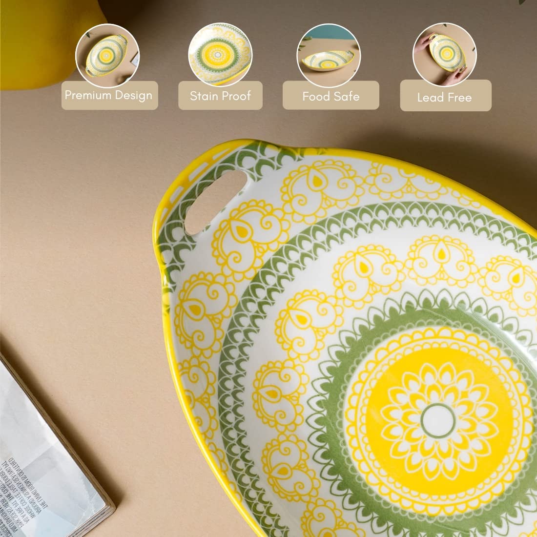 Nestasia Yellow and Green Mandala Ceramic Long Dish with Handles for Serving Snacks, Appetizers, Salads, and Noodles| Microwave