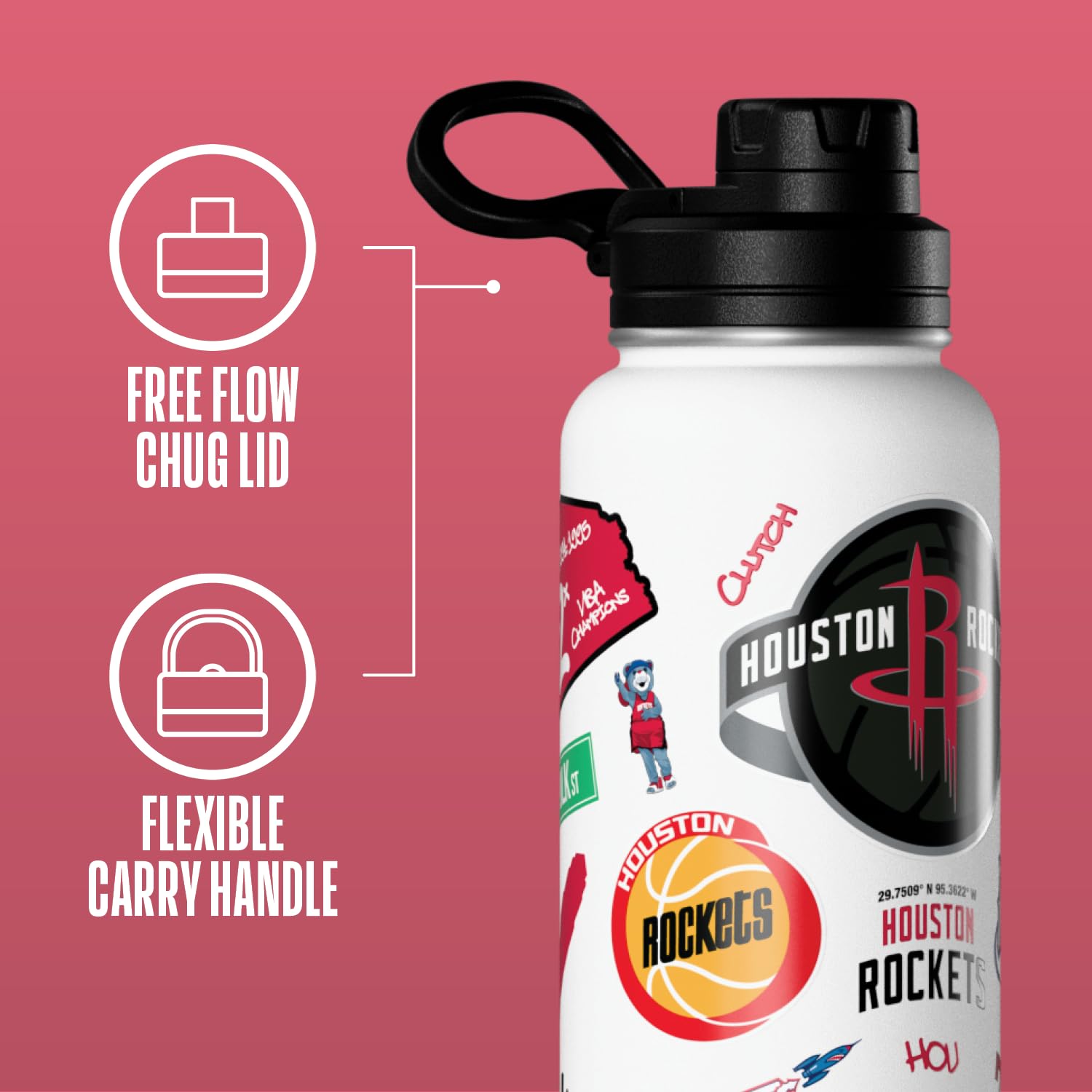Hydrapeak x NBA Officially Licensed Houston Rockets 32 oz Active Water Bottle with Chug Lid Reusable Stainless Steel Double Wall
