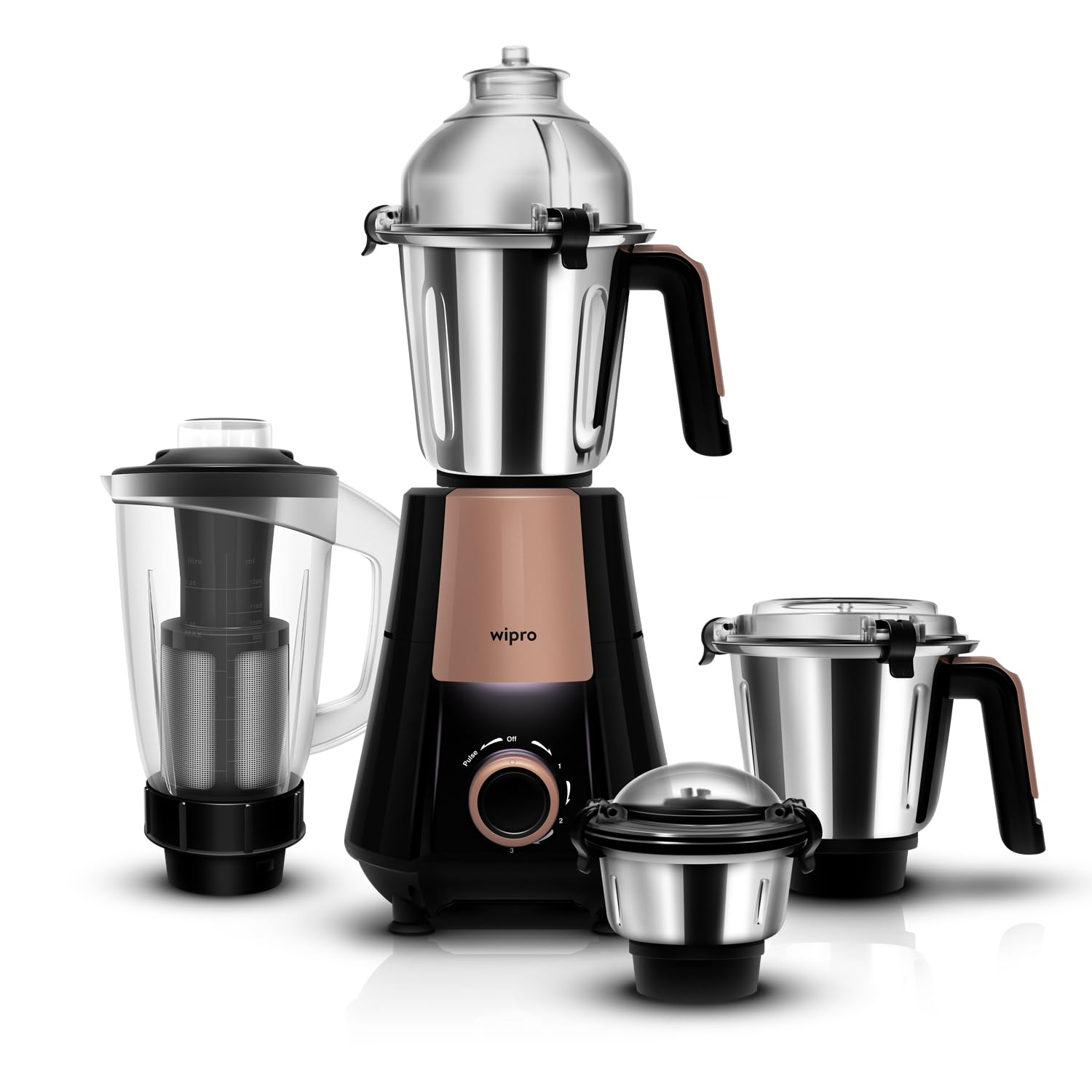 Wipro Elato Divine Fmg 215 800 Watt Mixer Grinder With 4 Jars,Heavy Duty 100% Copper Ball Bearing Motor With 5 Year Warranty,Sup