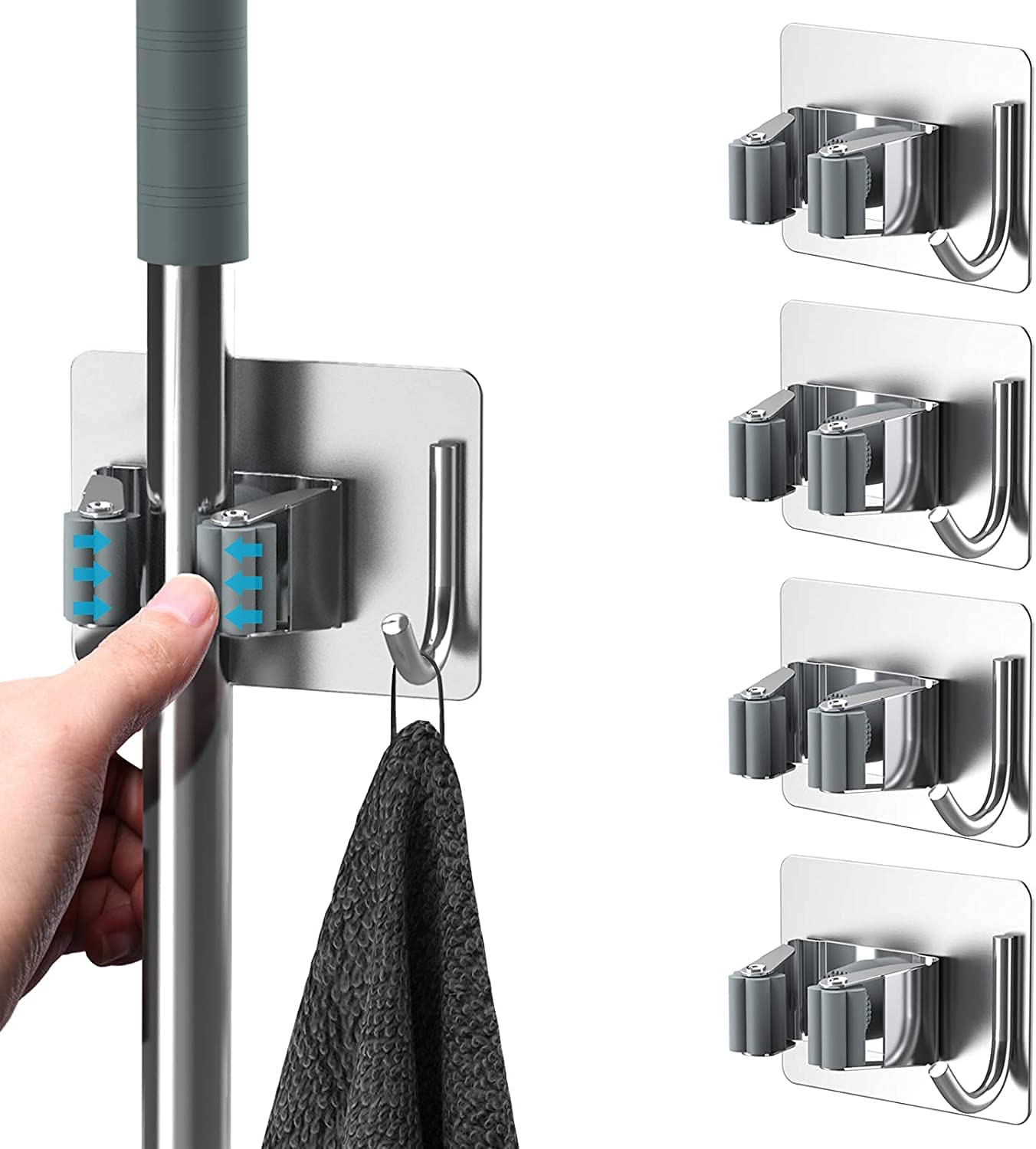 Jialto 4 Pcs Adhesive Mop Holder And Broom Holder Wall Mounted Stainless Steel | Heavy Duty Mop & Broom Organizer With Hooks | A