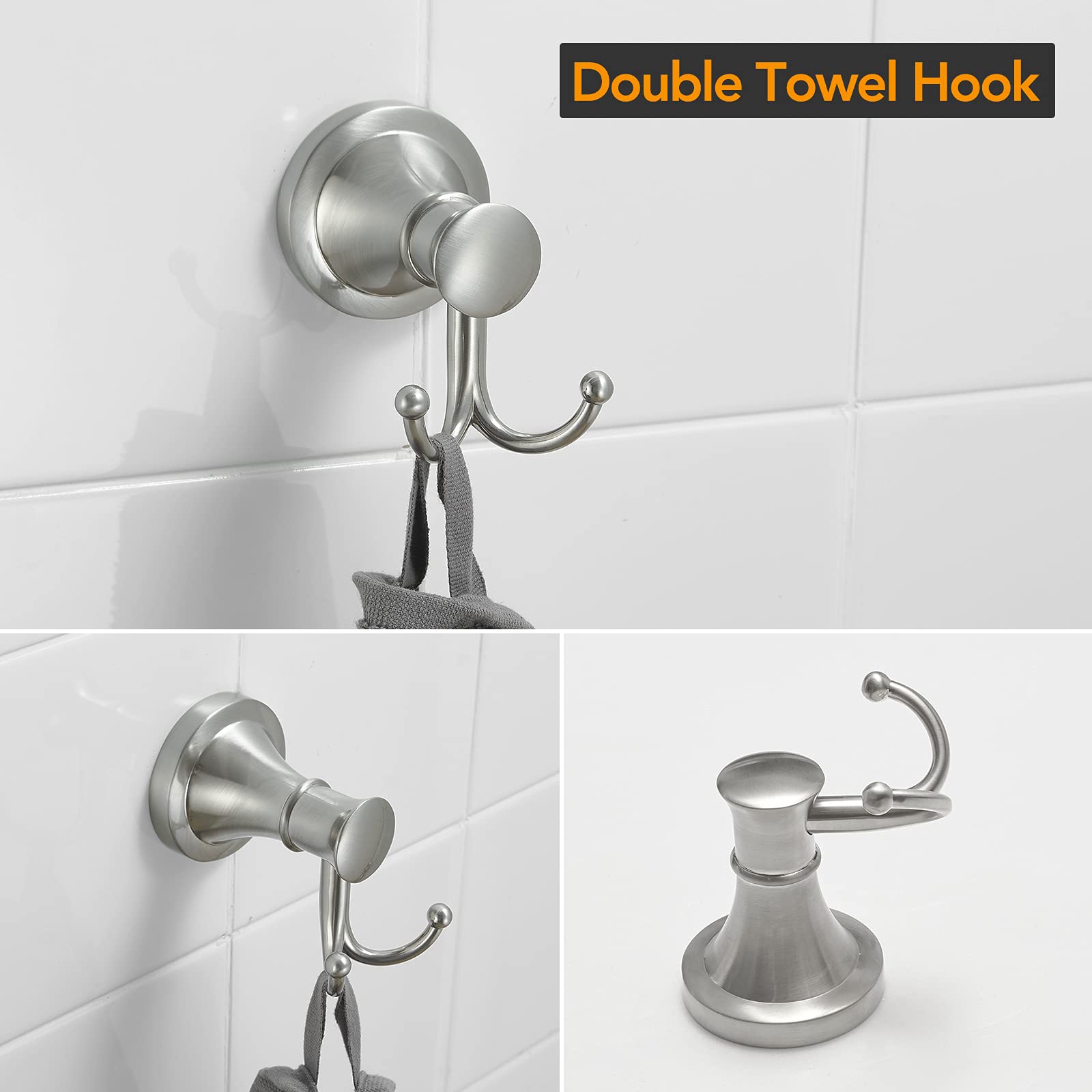 BESy Brushed Nickel 4 Piece Bathroom Accessories Set (Single Towel Bar  Towel Ring  Toilet Paper Holder  Double Towel Hooks)  Wall Mounted Bath Hardware Accessory Fixtures Rack Set