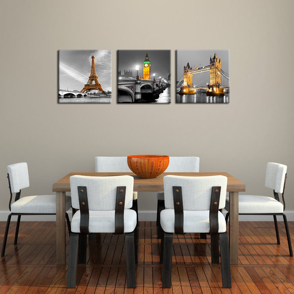 Kreative Arts - 3 Panel Paris Effiel Tower Canvas Painting Picture City Building London Bridge Big Ben Landscape Wall Art Modern