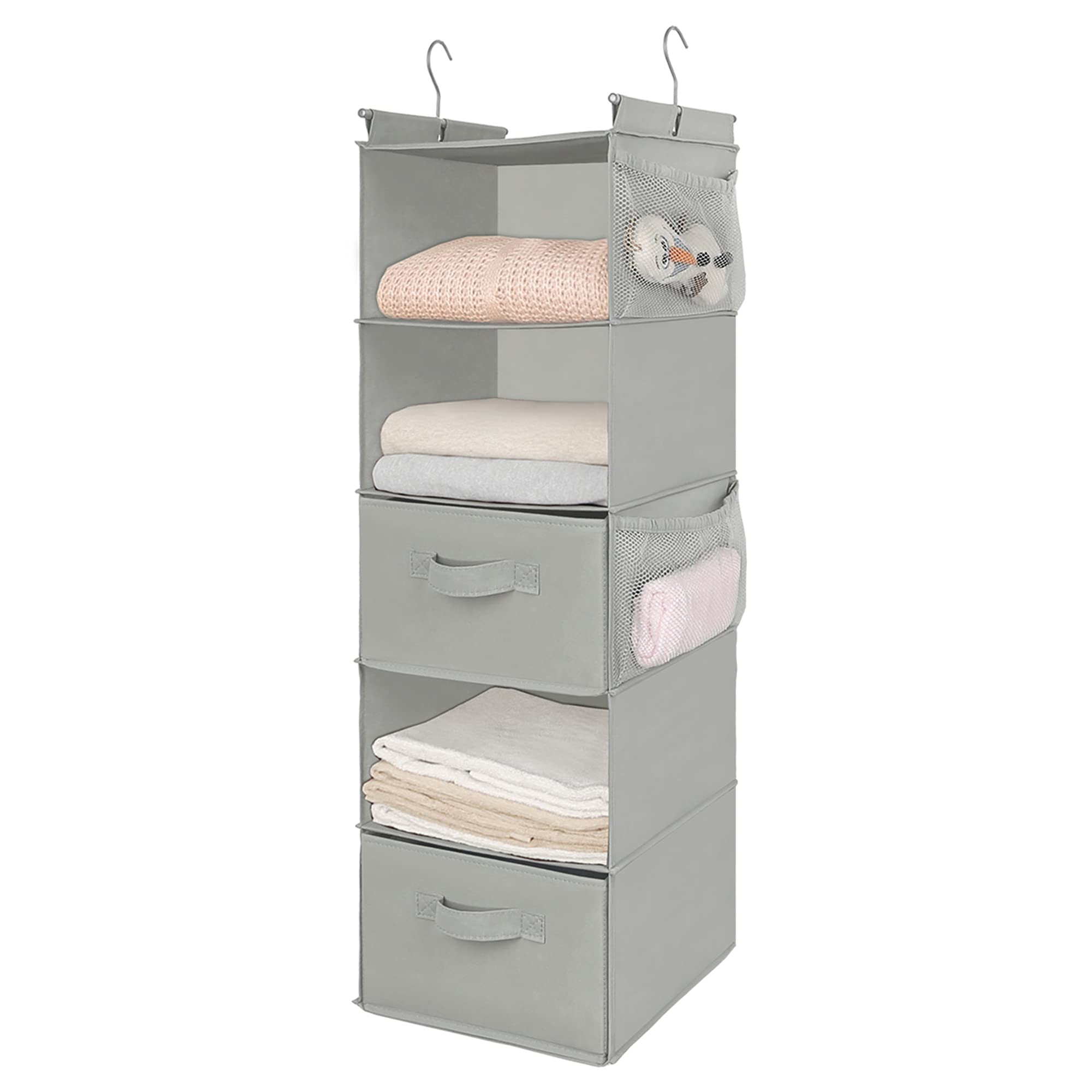 Max Houser 5 Tier Shelf Hanging Closet Organizer, Cloth Hanging Shelf With 2 Sturdy Hooks For Storage, Foldable (Light Grey-D2)