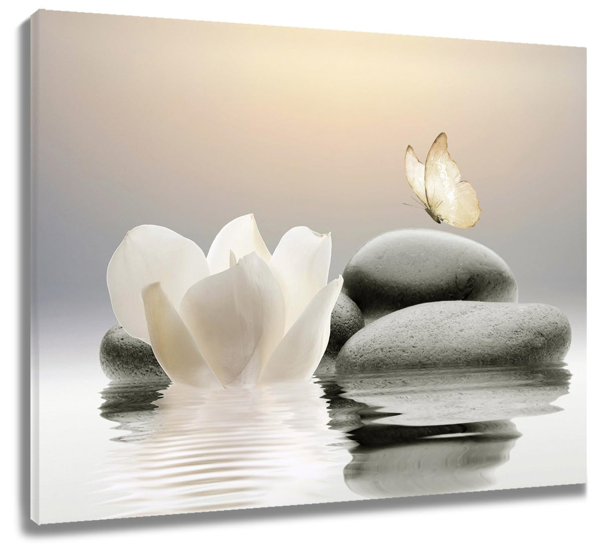 Eobtain Zen Stone Canvas Wall Art White Flower And Yellow Butterfly On Lake Wall Art For Bathroom Living Room Bedroom Modern Spi