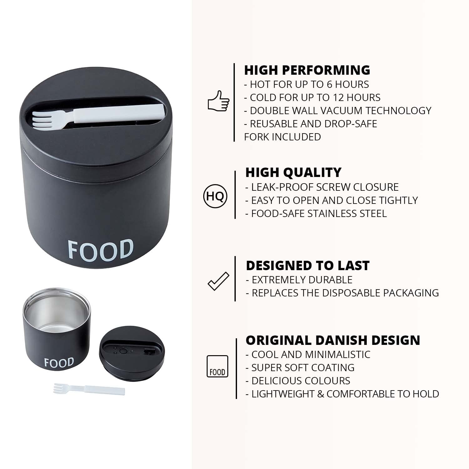 Design Letters Insulated Food Bowl With Spoon/Fork | Thermos For Hot Food Leak-Poof Lid | Insulated Food Jar Wide Mouth | To Go