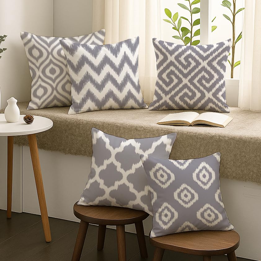 Stitchnest Grey Geometrical Ikat Ethnic Printed Poly Cotton Cushion Covers, Grey Set Of 5 (12 X 12 Inches With Fillers)
