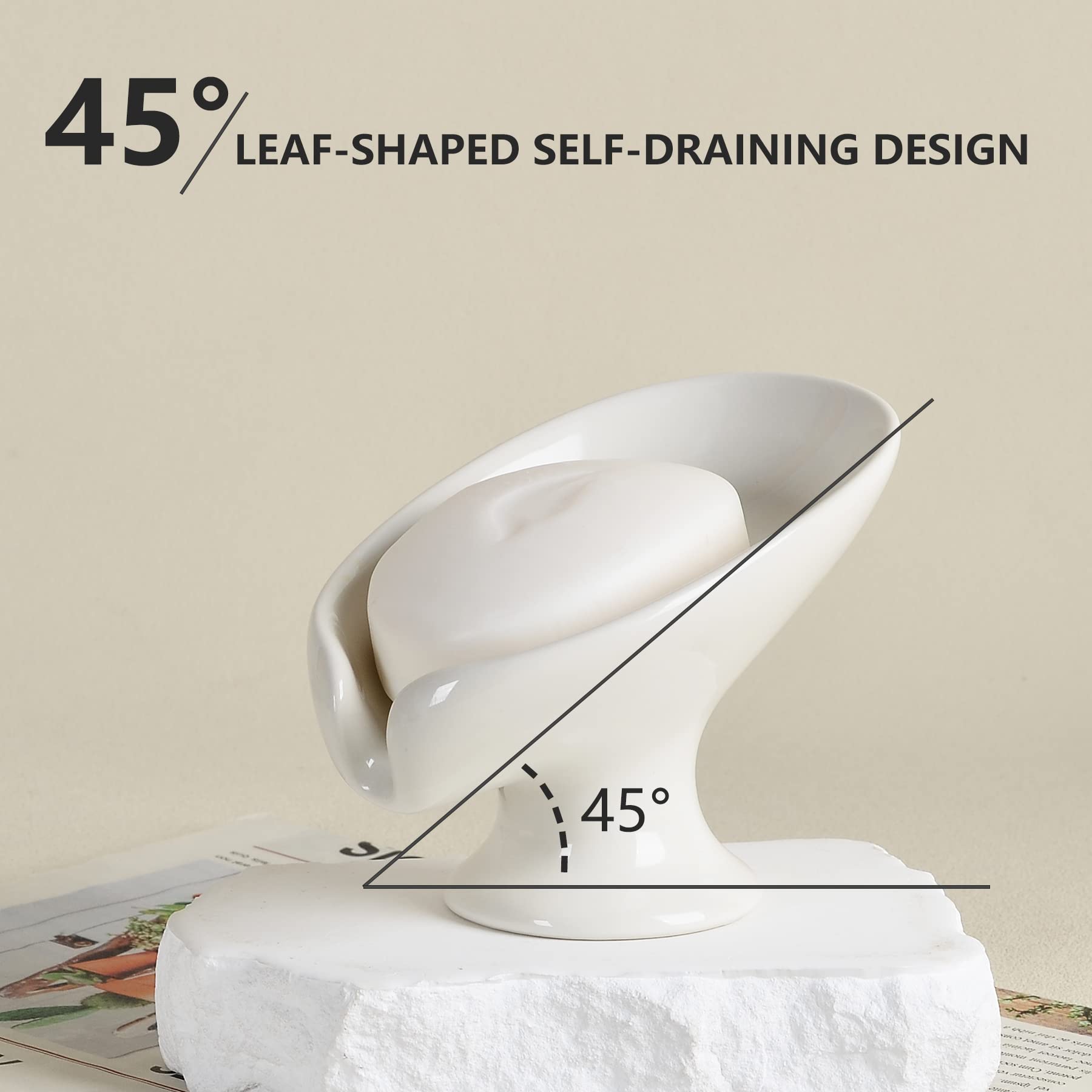 Soap Dish 2Pack, Ceramic Soap Holder Self Draining Cream White Leaf-Shape Soap Dishes For Bathroom Kitchen, Bar Soap Holder, Eas