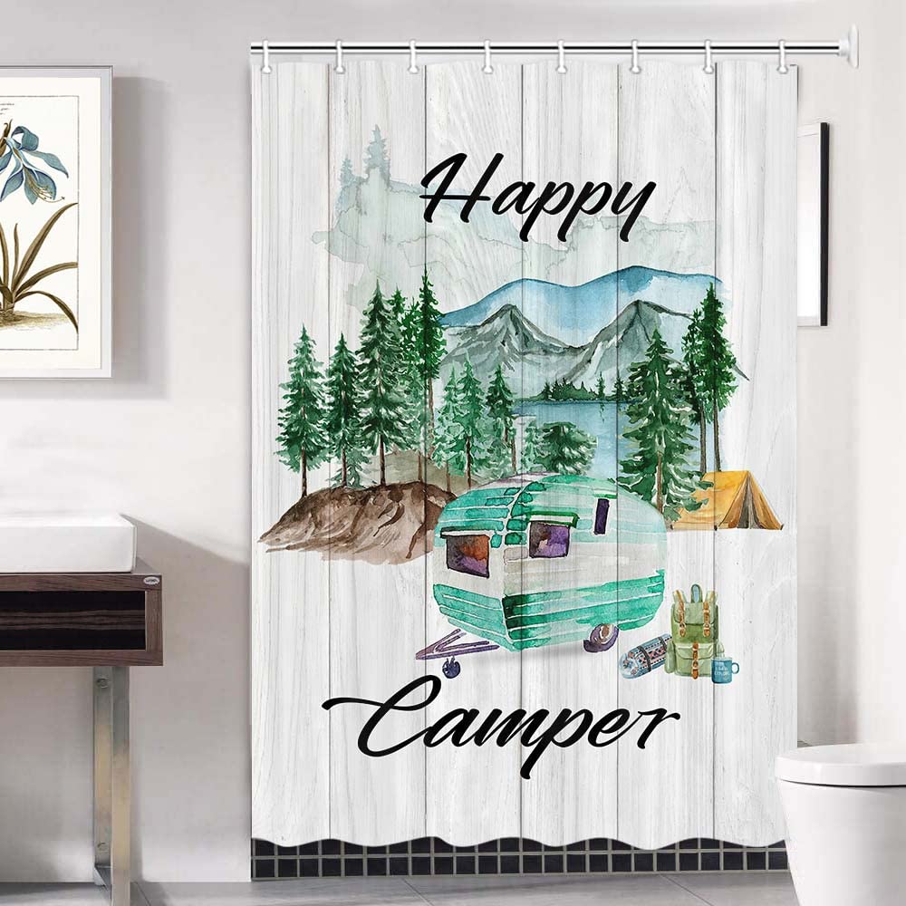 Happy Camper Rv Shower Curtain, Mountain Forest Green Tees With Trailer On Wooden Board Camping Themed Bath Curtain, Adventurer