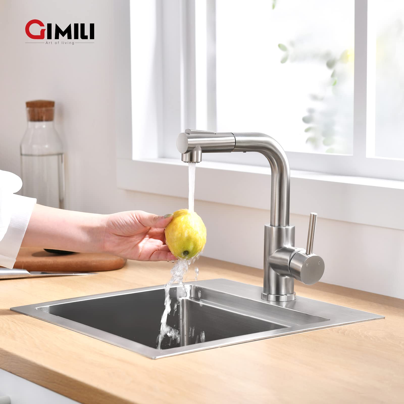 Gimili Modern Bar Sink Faucet For Kitchen Sink Single Handle With Pull Out Sprayer Hot And Cold Prep Sink Faucet Brushed Nickel