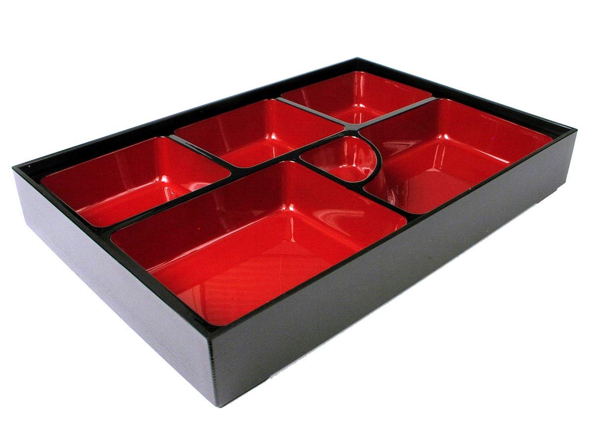 JapanBargain Japanese Bento Box Tray, Made in Japan, 6 Compartment Lacquered Lunch Box, Red and Black Restaurant Style Bento Tra