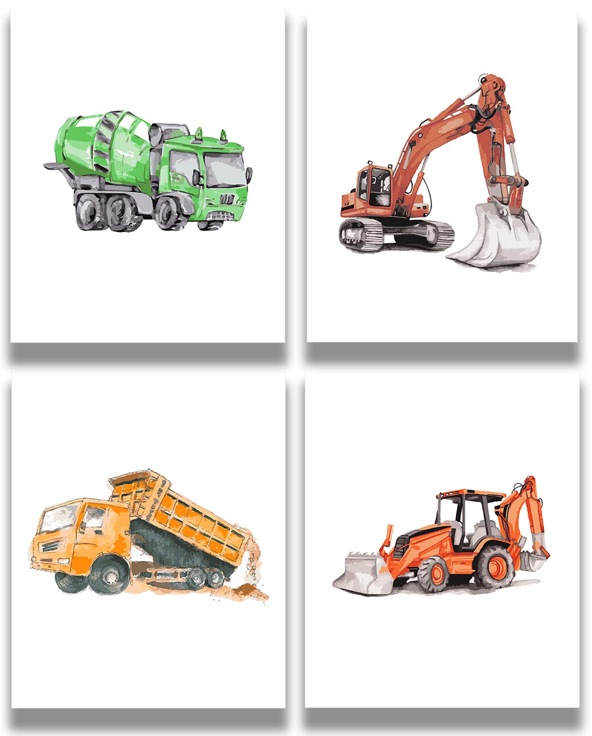 Govivo Boy'S Construction Vehicles Wall Art - Set Of 4 (8X10) Unframed Prints - Modern Nursery Room Decor For Boys - Toy Room An