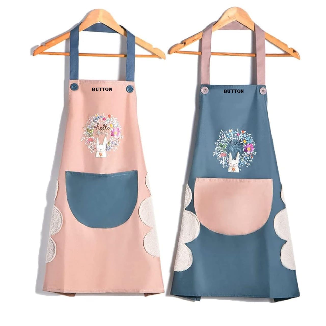 Wishoare Cute Rabbit Print Kitchen Apron With Pocket, Button Closure, Pink And Blue