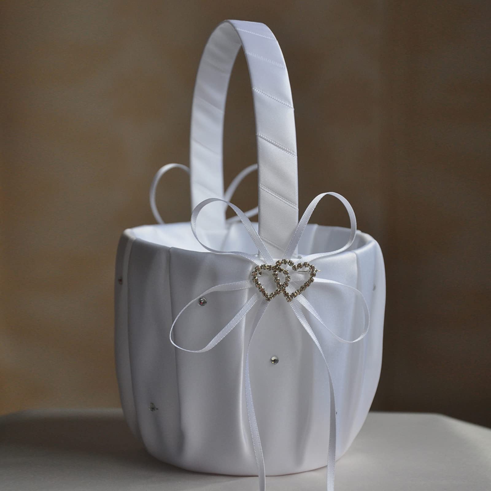 Ring Bearer Pillow And Wedding Flower Girl Basket Set With Double Heart Rhinestone White Satin Wedding Basket And Ring Pillow Se