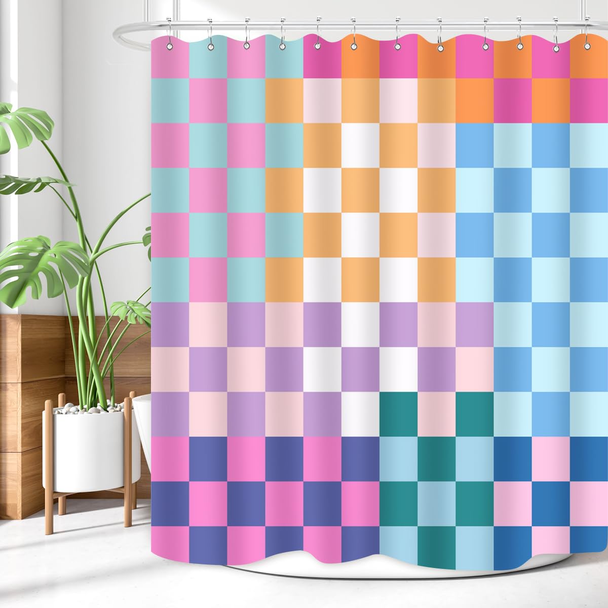 Zxmbf Retro Checkered Shower Curtain Colorful Geometric Modern Rainbow Minimalist Groovy Simple Bright Aesthetic Home Bathroom D