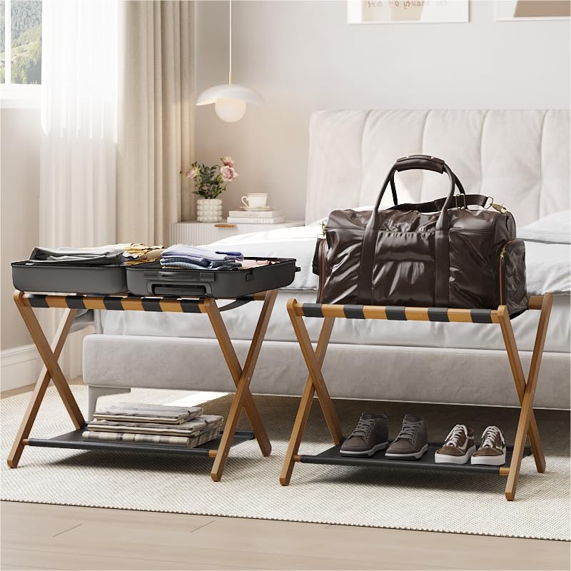 Smart Fendee 2 Pack Luggage Rack, Folding Luggage Rack For Guest Room, Walnut Bamboo Suitcase Stand Holds Up To 131 Lb, Luggage