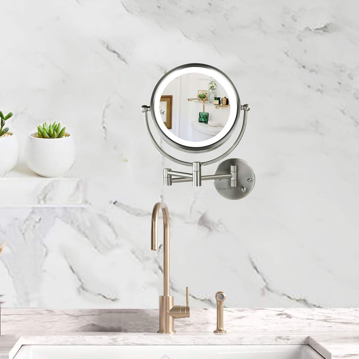 OVENTE 8.5'' Hardwired Lighted Wall Mount Makeup Mirror  1X & 7X Magnifier  Spinning Double Sided Round White LED  Dimmer Switch  Extend & Fold  Retractable Arm  Nickel Brushed MPWD3185BR1X7X
