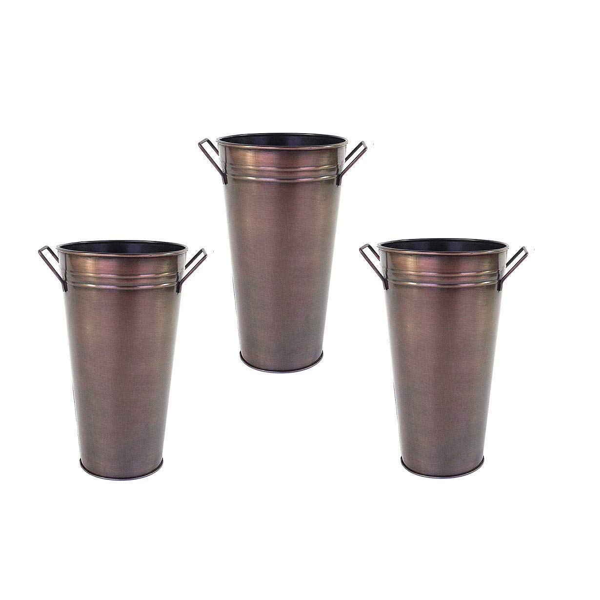 Hosley Elevate Your Decor with a Set of 3 Antique Bronze Galvanized Floral Vases French Buckets 9 Inches High with Handles Vinta