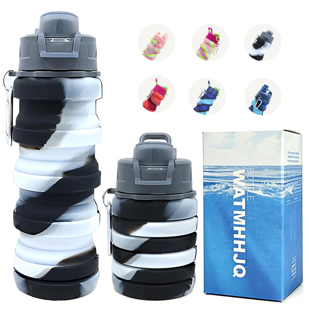 WATMHHJQ Silicone Collapsible Water Bottles, 16oz Portable Foldable Expandable Water Bottle Sports Cups, Leak Proof Reusable BPA