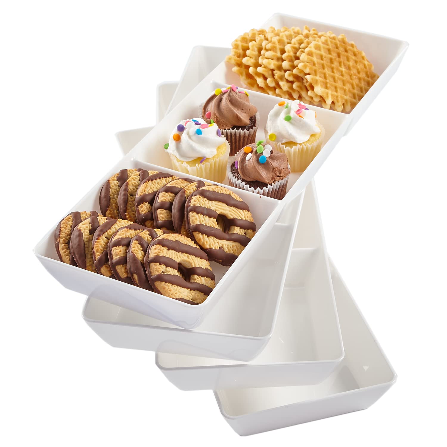 Us Acrylic Avant White Plastic Divided Serving Trays (Set Of 4) 15    X 5    | Narrow Reusable 3-Section Party Platters | Serve