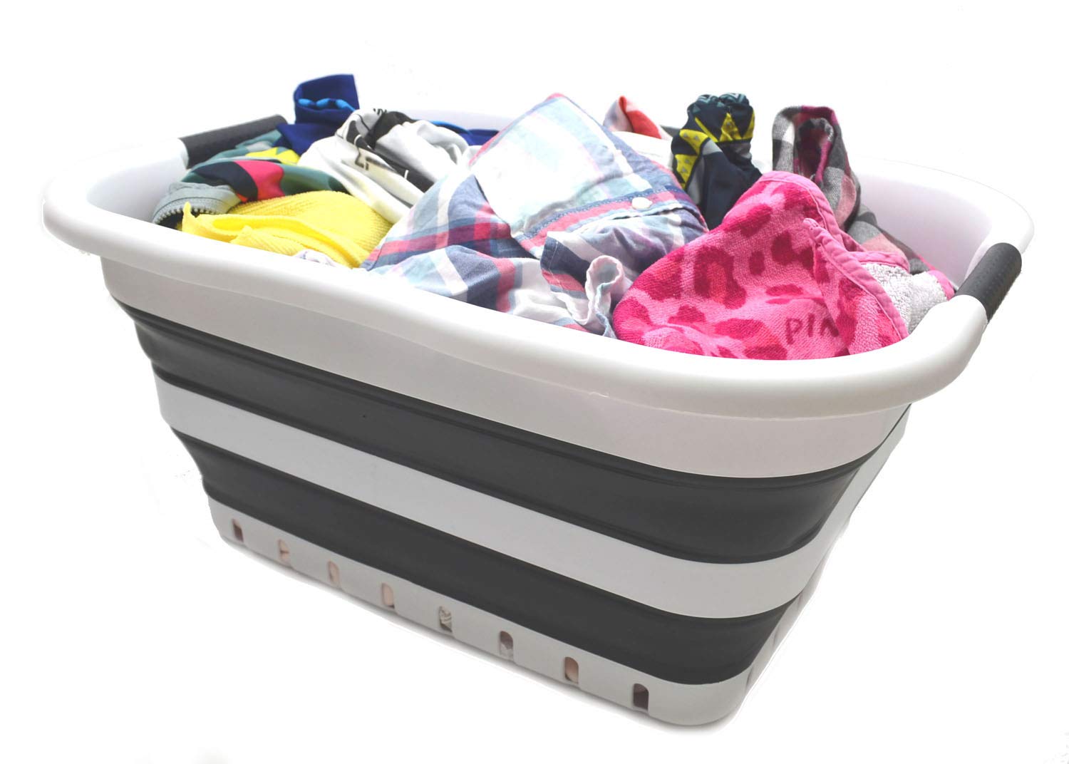 SAMMART 41L (10.8 gallon) Set of 2 Collapsible 3 Handled Plastic Laundry Basket-Foldable Pop Up Storage Container/Organizer-Space Saving Hamper/Basket (2  White/Black)