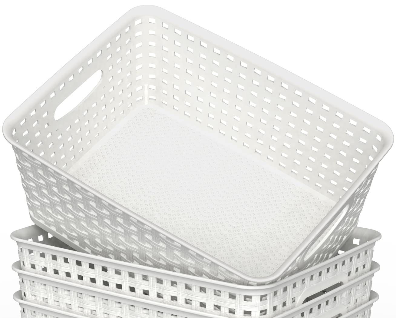 Woven Plastic Storage Baskets, 6 Pack White Weave Bins Organizer, 10.1'' X 7.55'' X 4.1''