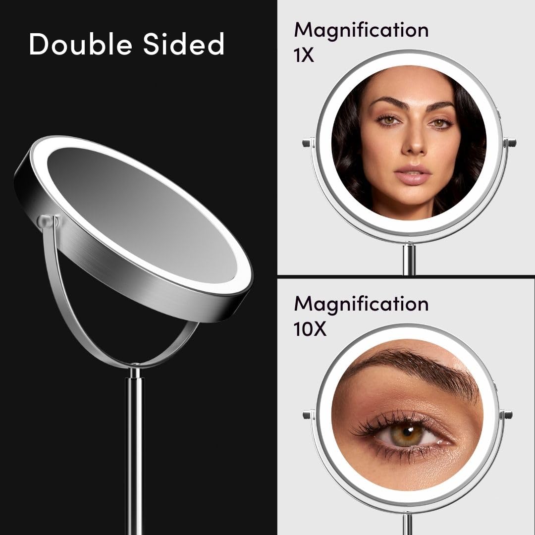 Fancii 9-Inch Lighted Makeup Mirror Height Adjustable with 10X /1X Magnification - Rechargeable, Double Sided LED Vanity Mirror
