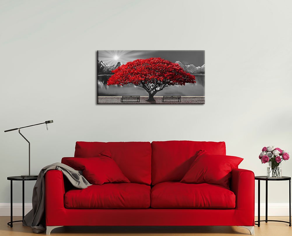 Black And White Red Tree Wall Art Canvas Print Picture Large Red Tree Landscape Modern Artwork For Living Room Bedroom Office Ho