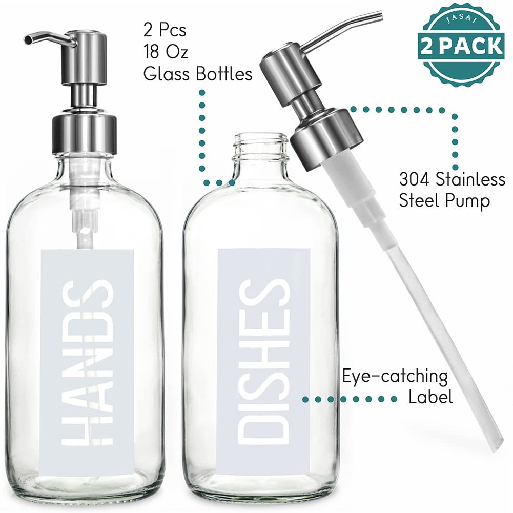 Jasai 2Pack 18Oz Glass Soap Dispenser With Rustproof 304 Stainless Steel Pump, Kitchen Soap Dispenser With Hands & Dishes Label,