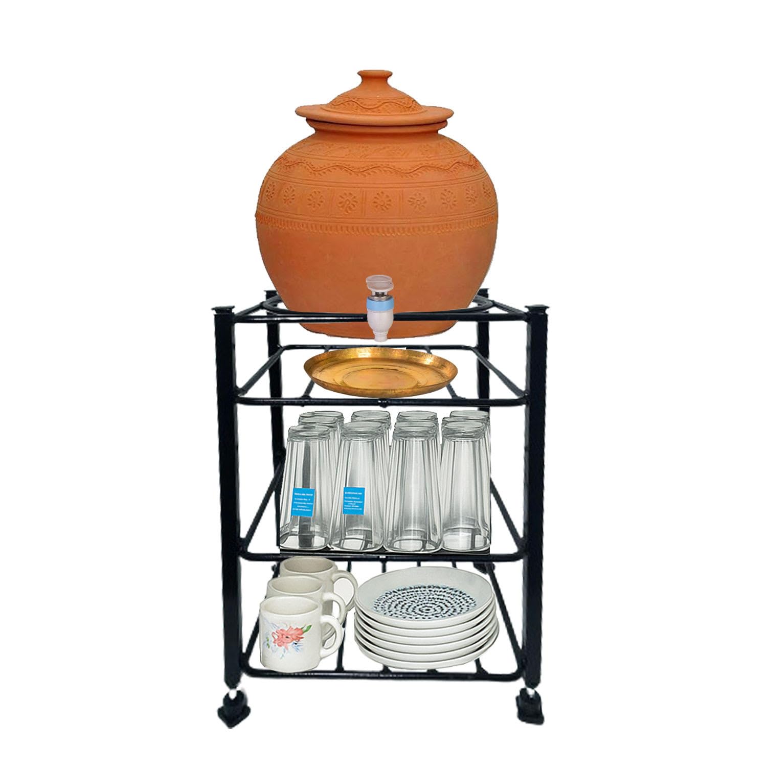 A To Z Hub Laksh Casa 3Tier Water Mataka Pot Stand Rack: Cup, Glass, Dish With Adjustable Bush Clay Pot Holder,Water Matka Pot 