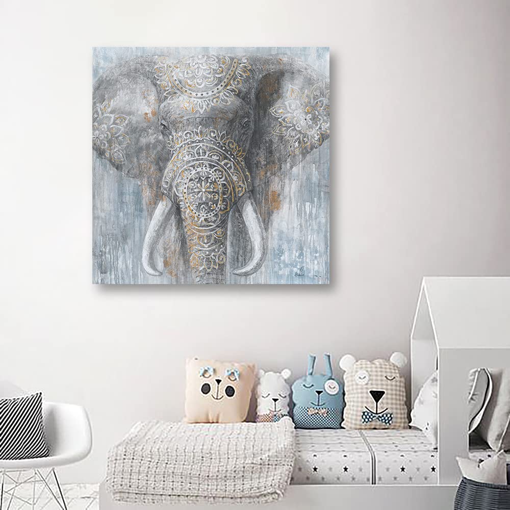 Yidepot Grey Blue Elephant Wall Decor - Wild Animals Canvas Elephants Print 24X24Inch For Bedroom Framed Ready To Hang