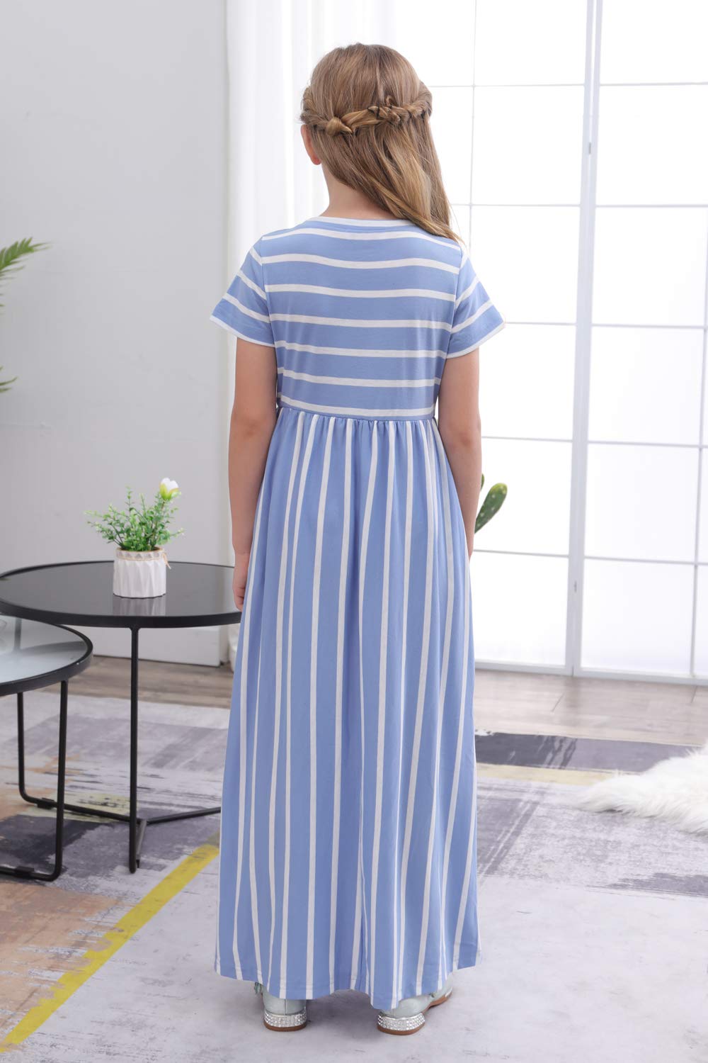 Gorlya Girls Short Sleeve Floral Print Loose Casual Holiday Long Maxi Dress With Pockets (8Yearsheight:130Cm, Blue Stripe)