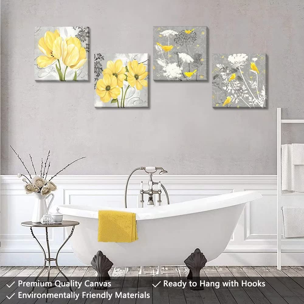 Wall Hdq Yellow Gray Wall Art Canvas Flowers Birds Wall Decor For Living Room Bathroom Abstract Modern Floral Large Posters Prin