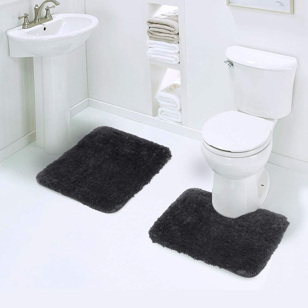 Walensee Shaggy 2 Piece Bath Rug Sets (Black) 20 X 24 U Shape Contour Rug & 20 X 32 Bathroom Rug Machine Wash/Dry Bath Mats For