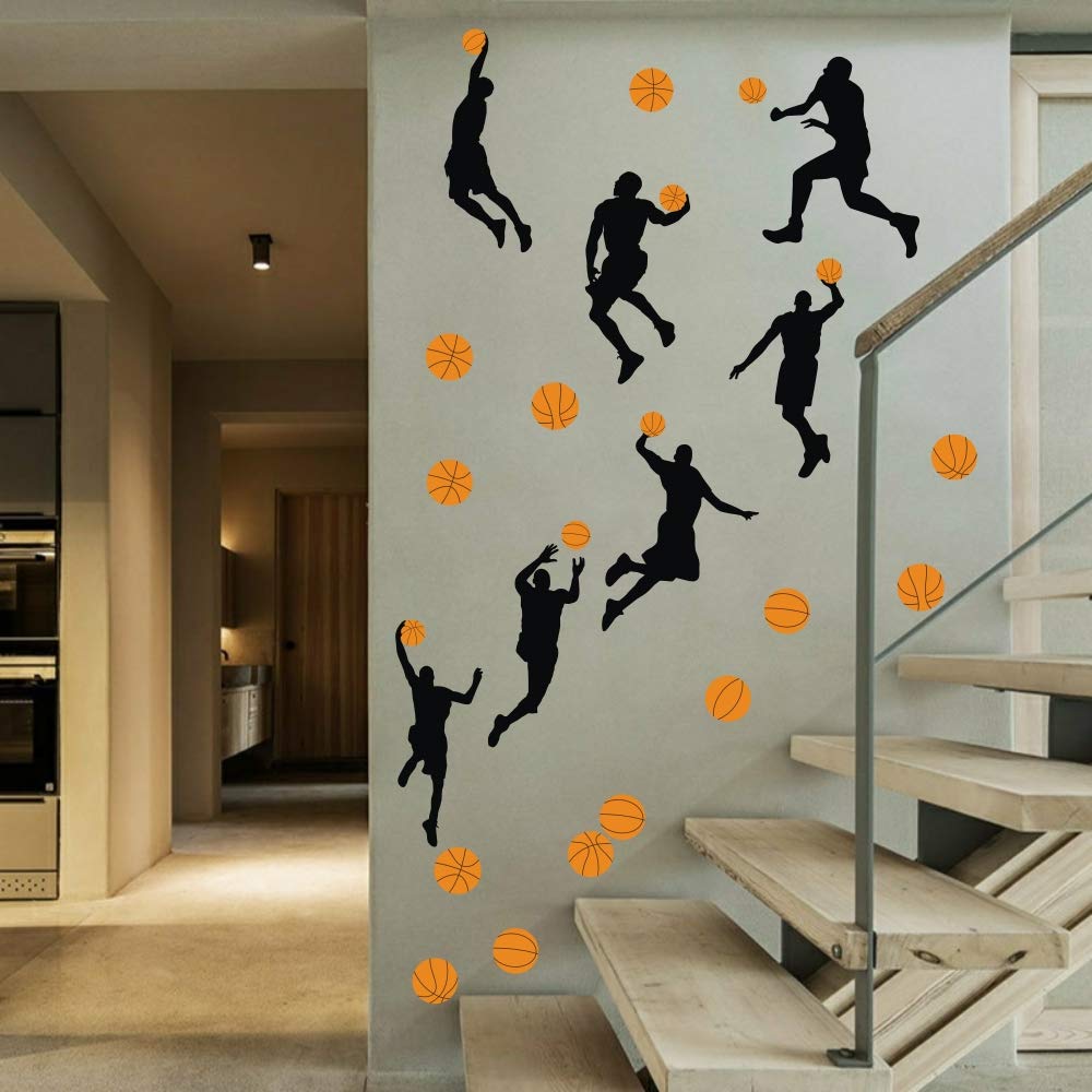 Basketball Slam Dunk Silhouette Wall Decals (20 Decals) Sport Player Wall Stickers Peel& Stick Jumpman Wall Art For Boys Teens L